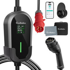 Coolladen Cable de carga portátil para EV de 11 kW Tipo 2 (16A trifásico) con control por app – carga programada, corriente ajustable, RCD tipo B, soporte de pared y bolsa de transporte incluidos