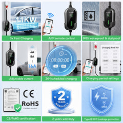 Coolladen Cable de carga portátil para EV de 11 kW Tipo 2 (16A trifásico) con control por app – carga programada, corriente ajustable, RCD tipo B, soporte de pared y bolsa de transporte incluidos