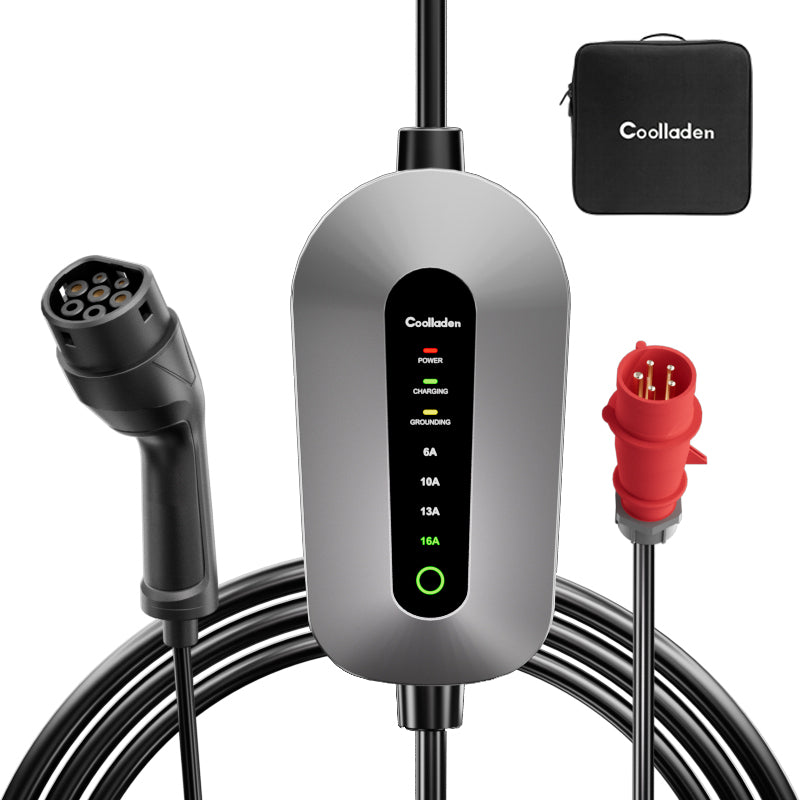 Coolladen Cable de carga tipo 2 con enchufe CEE de 11 kW [trifásico|5/10 m|6-16 A] con potencia de carga ajustable, estación de carga y cargador EV para ID.3/4/5, e-up, e-tron, Zoe y otros EV