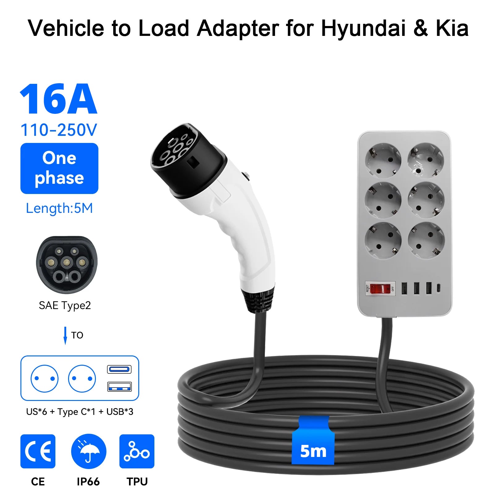 16A tipo 2 al zócalo de Schuko con el cable de 5 metros Vehículo para cargar (V2L) adaptador para MG y BYD, adaptador de la descarga del vehículo eléctrico