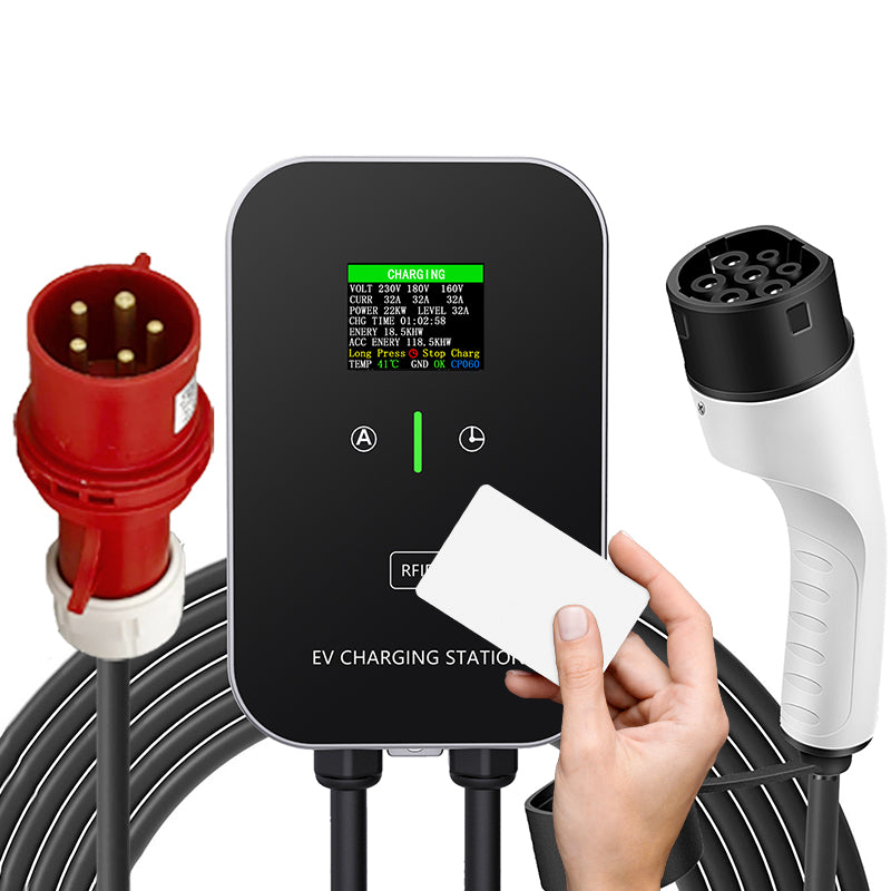 Estación de carga inteligente para el hogar EV Charger de 11 a 22 kW, cable de carga Wallbox de 5 m con soporte para cargador, enchufe trifásico CEE para todos los vehículos eléctricos y híbridos enchufables