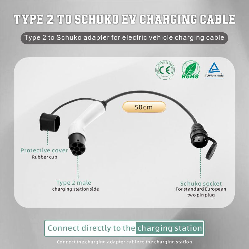 Adaptador tipo 2 a enchufe Schuko para cargador de coche eléctrico, 16 A, 0,5/4 m. Fácil carga en estaciones de carga/cajas de pared, uso de cargadores de 230 V para bicicletas eléctricas, patinetes eléctricos y motocicletas, IP55