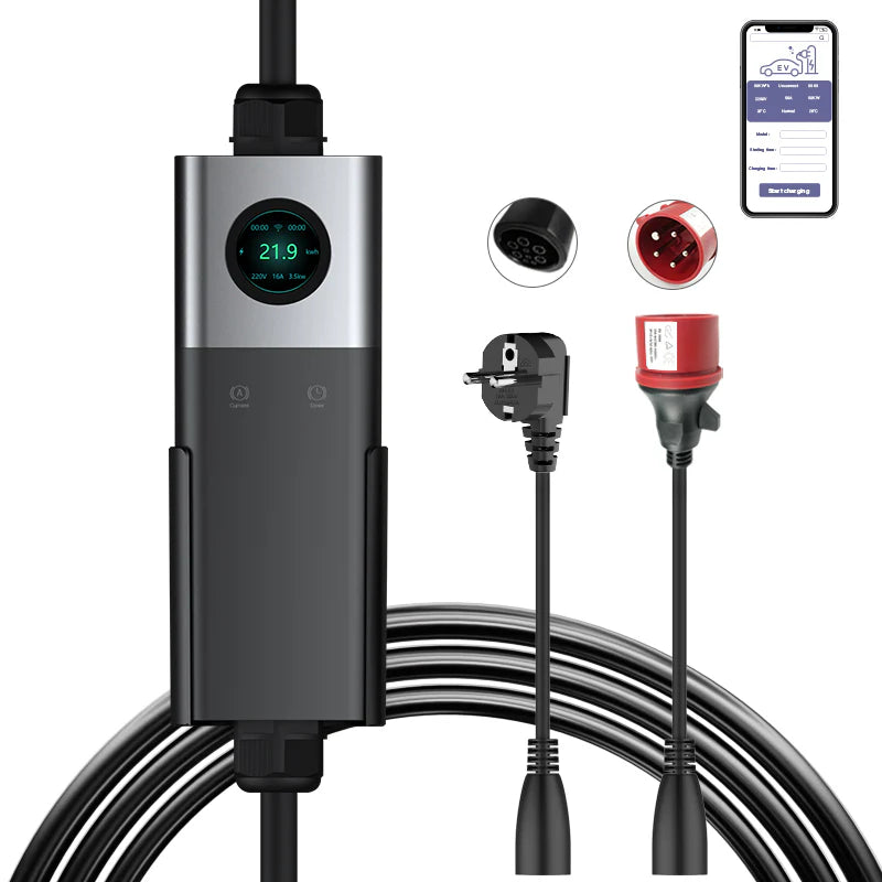 Coolladen Mobile Wallbox WiFi con APP, carga hasta 22kW, cargador EV tipo 2, cable de 5M, pantalla táctil, tamaño de corriente ajustable con Schuko 16A/CEE 32A Rojo/CEE 16A Rojo/CEE 32A Azul