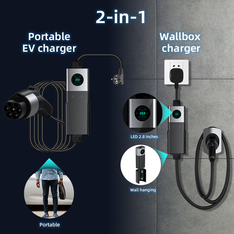 Coolladen Mobile Wallbox WiFi con APP, Carga hasta 11kW, Cargador EV Tipo 2, Cable de 5M, Pantalla táctil, Tamaño de Corriente Ajustable con Schuko 16A/CEE 16A Rojo