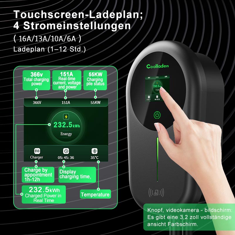 Coolladen Cable de carga de los 5/10m con el enchufe trifásico de la CEE del control del App del tenedor del cargador para todos EVs y PHEVs Cargador Smart APP de Coolladen EV con 32A el tipo 2 22kW se dirige la estación de carga, Wallbox