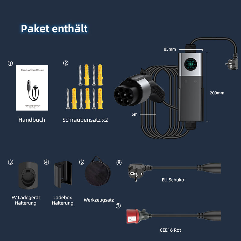 Coolladen Mobile Wallbox WiFi con APP, Carga hasta 11kW, Cargador EV Tipo 2, Cable de 5M, Pantalla táctil, Tamaño de Corriente Ajustable con Schuko 16A/CEE 16A Rojo