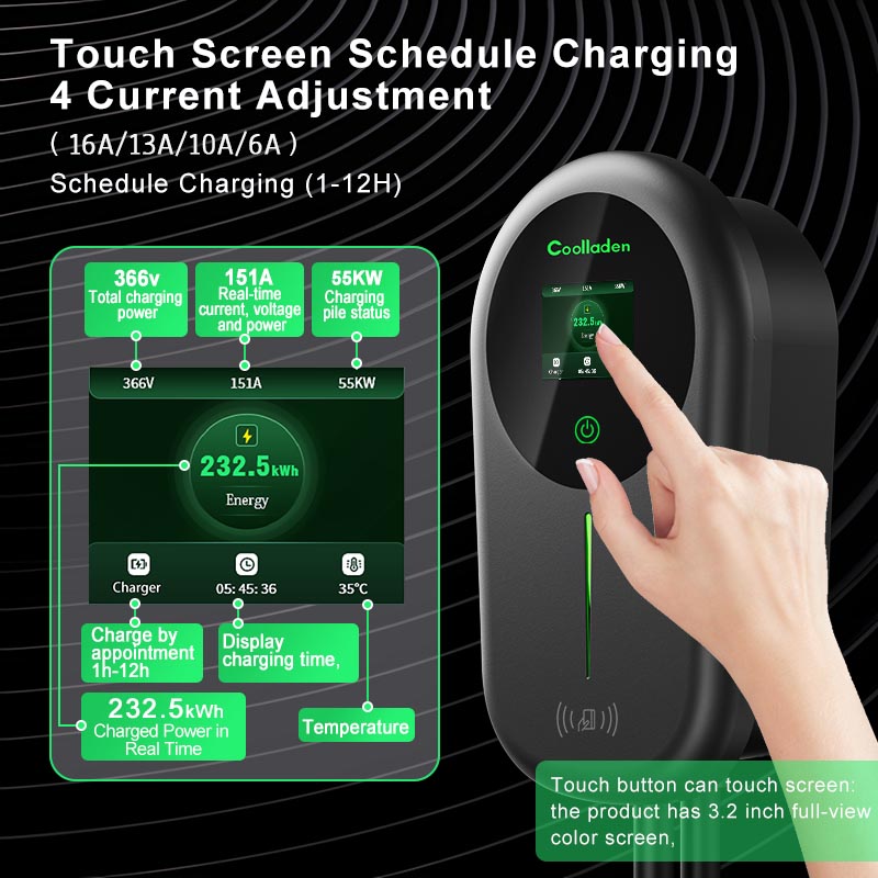 Coolladen Cable de carga de los 5/10m con el enchufe trifásico de CEE del control del App del tenedor del cargador para todos los EVs y PHEVs Cargador Smart APP de Cool Laden EV con 32A tipo 2 11kW estación de carga casera, Wallbox