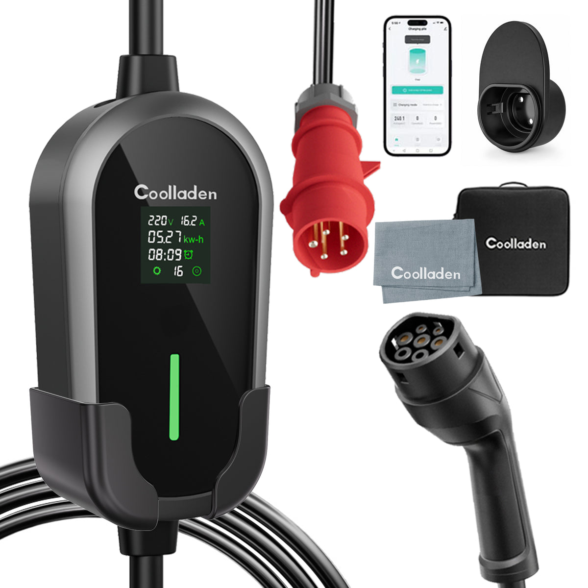 Coolladen Cable de carga portátil para EV de 11 kW Tipo 2 (16A trifásico) con control por app – carga programada, corriente ajustable, RCD tipo B, soporte de pared y bolsa de transporte incluidos