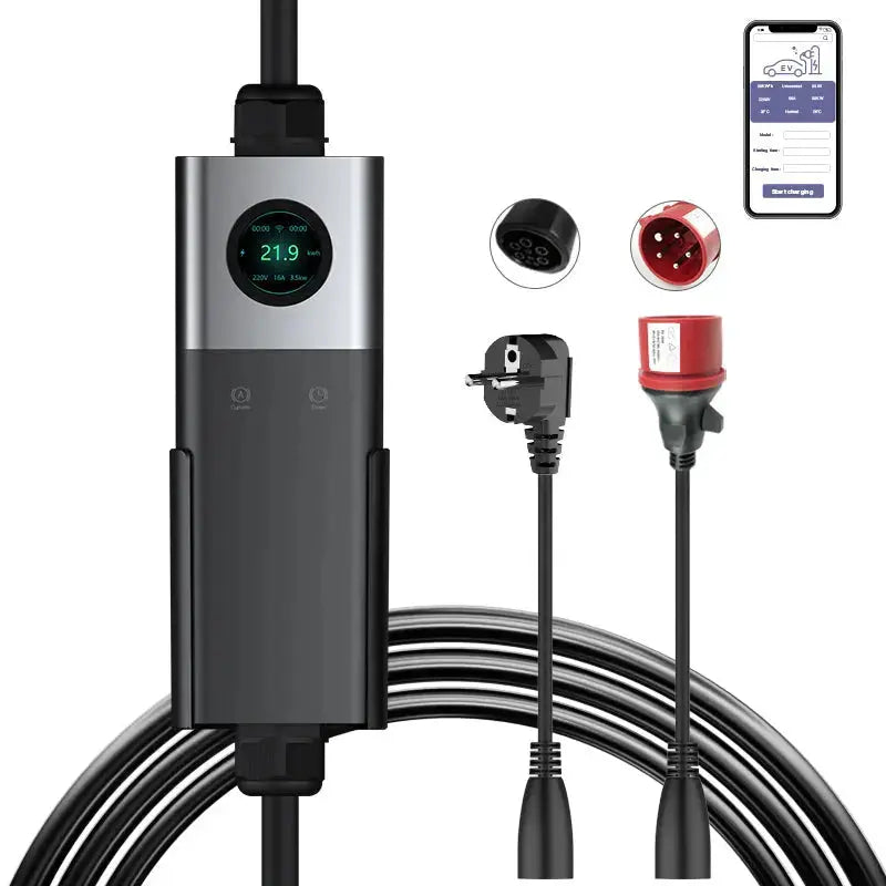 Coolladen Mobile Wallbox WiFi con APP, carga hasta 22kW, cargador EV tipo 2, cable de 5M, pantalla táctil, tamaño de corriente ajustable con Schuko 16A/CEE 32A Rojo/CEE 16A Rojo/CEE 32A Azul