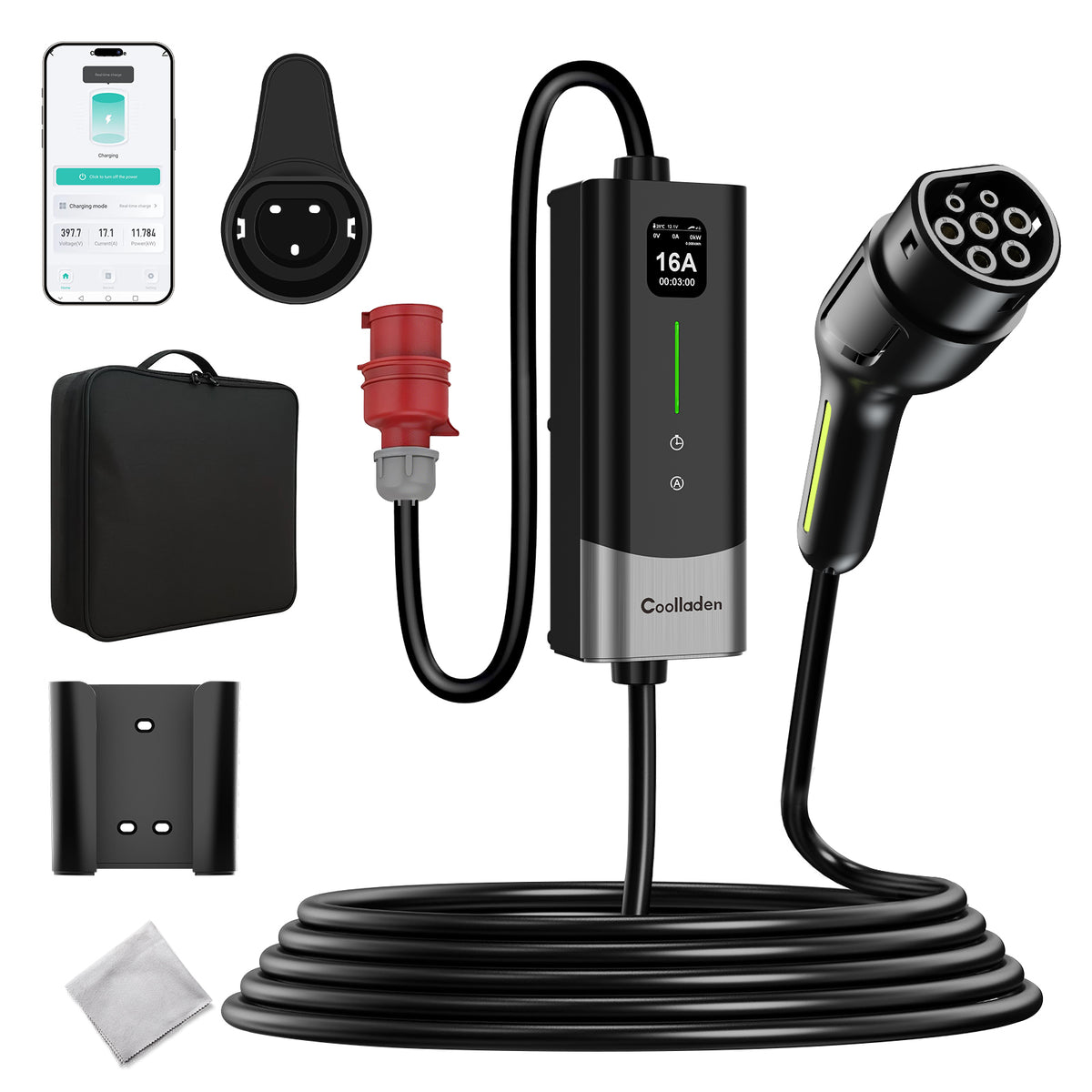 Coolladen Cargador inteligente para vehículos eléctricos de 11kW APP y WIFI | Cable de carga CEE trifásico de 16A | Seguridad con RCD tipo B