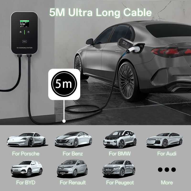 Estación de carga inteligente para el hogar EV Charger de 11 a 22 kW, cable de carga Wallbox de 5 m con soporte para cargador, enchufe trifásico CEE para todos los vehículos eléctricos y híbridos enchufables