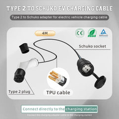 Adaptador tipo 2 a enchufe Schuko para cargador de coche eléctrico, 16 A, 0,5/4 m. Fácil carga en estaciones de carga/cajas de pared, uso de cargadores de 230 V para bicicletas eléctricas, patinetes eléctricos y motocicletas, IP55