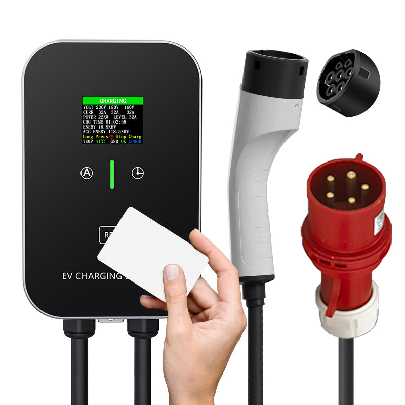 Estación de carga inteligente para el hogar EV Charger de 11 a 22 kW, cable de carga Wallbox de 5 m con soporte para cargador, enchufe trifásico CEE para todos los vehículos eléctricos y híbridos enchufables