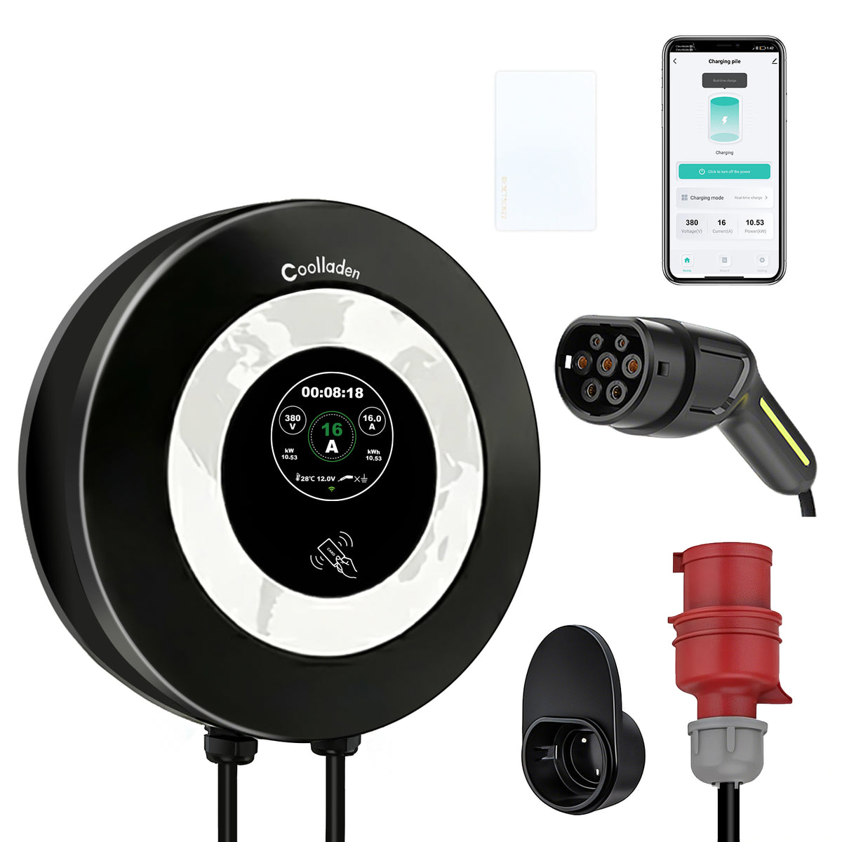 Coolladen Wallbox 11kW con control por app y RFID, Tipo 2 a CEE 16A trifásica, cargador EV, protección avanzada contra fugas AC+DC (RCD Tipo B)