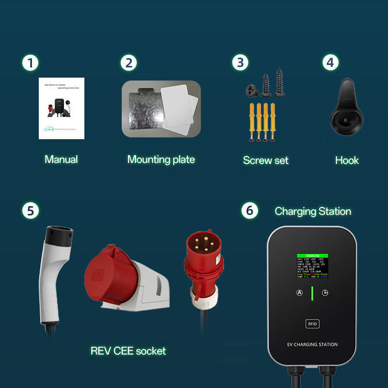 Estación de carga inteligente para el hogar EV Charger de 11 a 22 kW, cable de carga Wallbox de 5 m con soporte para cargador, enchufe trifásico CEE para todos los vehículos eléctricos y híbridos enchufables