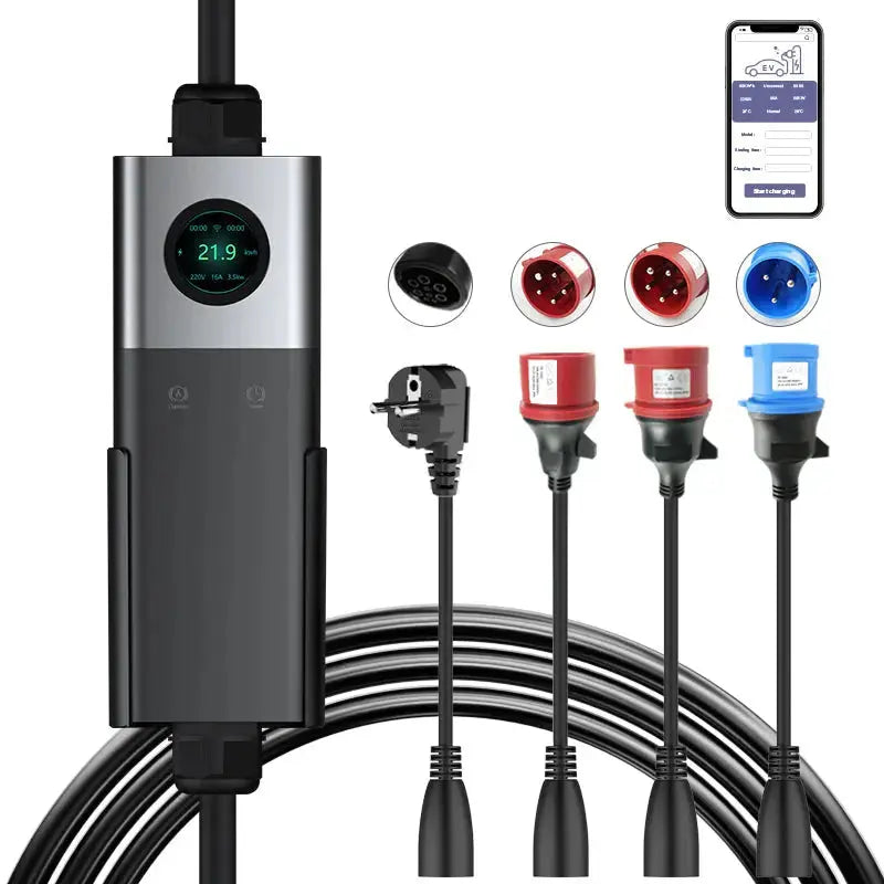 Cargador de pared móvil Coolladen WiFi con aplicación, carga hasta 11 kW, cargador EV tipo 2, 5M Cable con pantalla táctil y corriente ajustable con Schuko 16A/CEE 16A rojo
