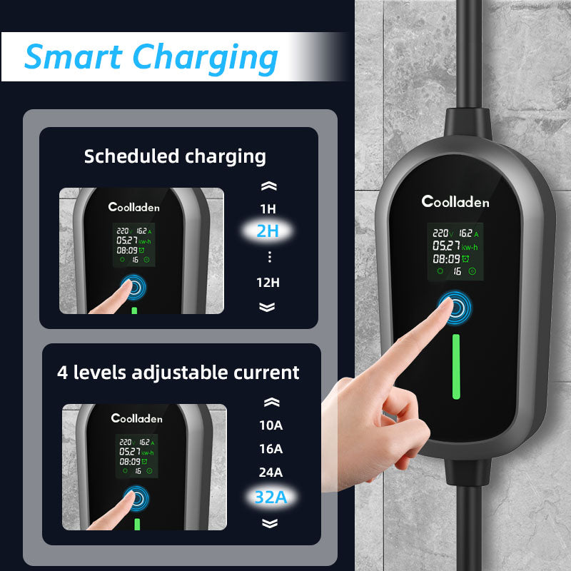 Colladen Cargador EV portátil de 7 KW Cargador monofásico para vehículo eléctrico 32 A tipo 2, carga programada de 8 horas, estación de carga de corriente ajustable de 4 niveles con enchufe CEE