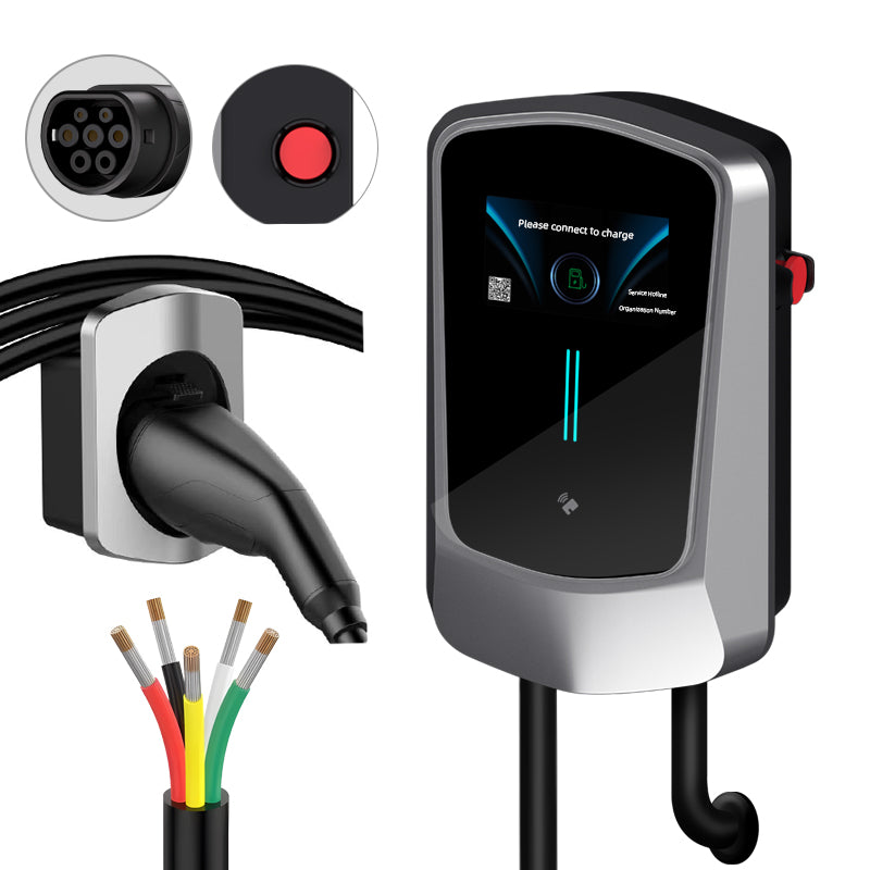 Coolladen Cargador EV Smart APP con estación de carga doméstica de 32 A Tipo 2 de 22 kW, 400 V, CE y TÜV, cable de carga de 5 m con soporte de cargador, control mediante aplicación, enchufe trifásico CEE para todos los vehículos eléctricos y híbridos ench