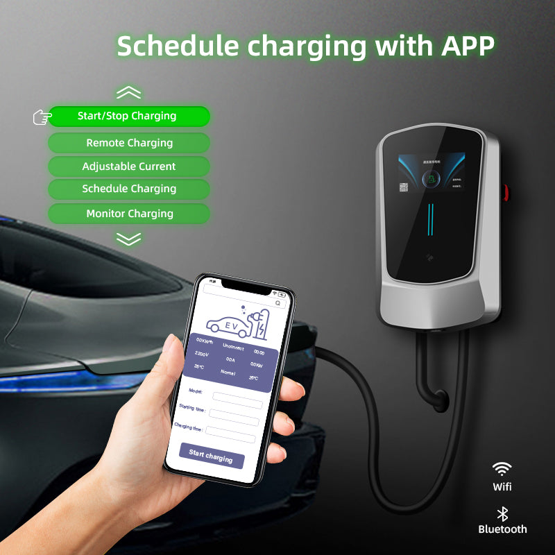 Coolladen Cargador EV Smart APP con estación de carga doméstica de 32 A Tipo 2 de 22 kW, 400 V, CE y TÜV, cable de carga de 5 m con soporte de cargador, control mediante aplicación, enchufe trifásico CEE para todos los vehículos eléctricos y híbridos ench