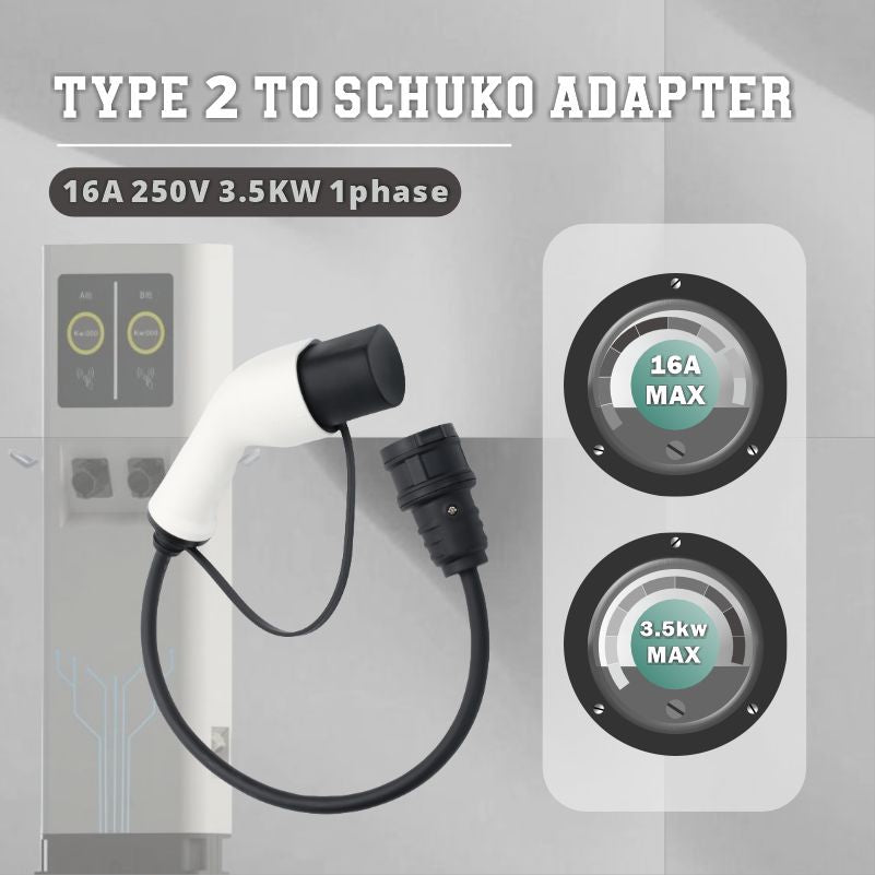 Adaptador tipo 2 a enchufe Schuko para cargador de coche eléctrico, 16 A, 0,5/4 m. Fácil carga en estaciones de carga/cajas de pared, uso de cargadores de 230 V para bicicletas eléctricas, patinetes eléctricos y motocicletas, IP55