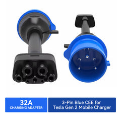 Adaptador CEE azul de 3 pines para cargador móvil Tesla Gen 2, cable de extensión de cargador EV portátil a toma de 240 V a 32 A, compatible con Tesla Model 3/S/X/Y