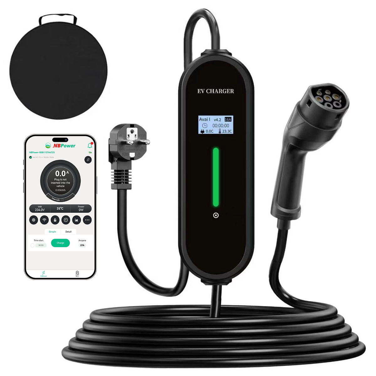 Cargador portátil para EV Coolladen de 3.6kW | Tipo 2 a enchufe Schuko | Corriente ajustable de 16A | Carga diferida de 1-12H | Cable de 5m/10m