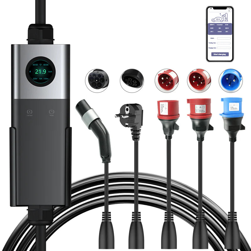 Coolladen Mobile Wallbox WiFi con APP, carga hasta 22kW, cargador EV tipo 2, cable de 5M, pantalla táctil, tamaño de corriente ajustable con Schuko 16A/CEE 32A Rojo/CEE 16A Rojo/CEE 32A Azul