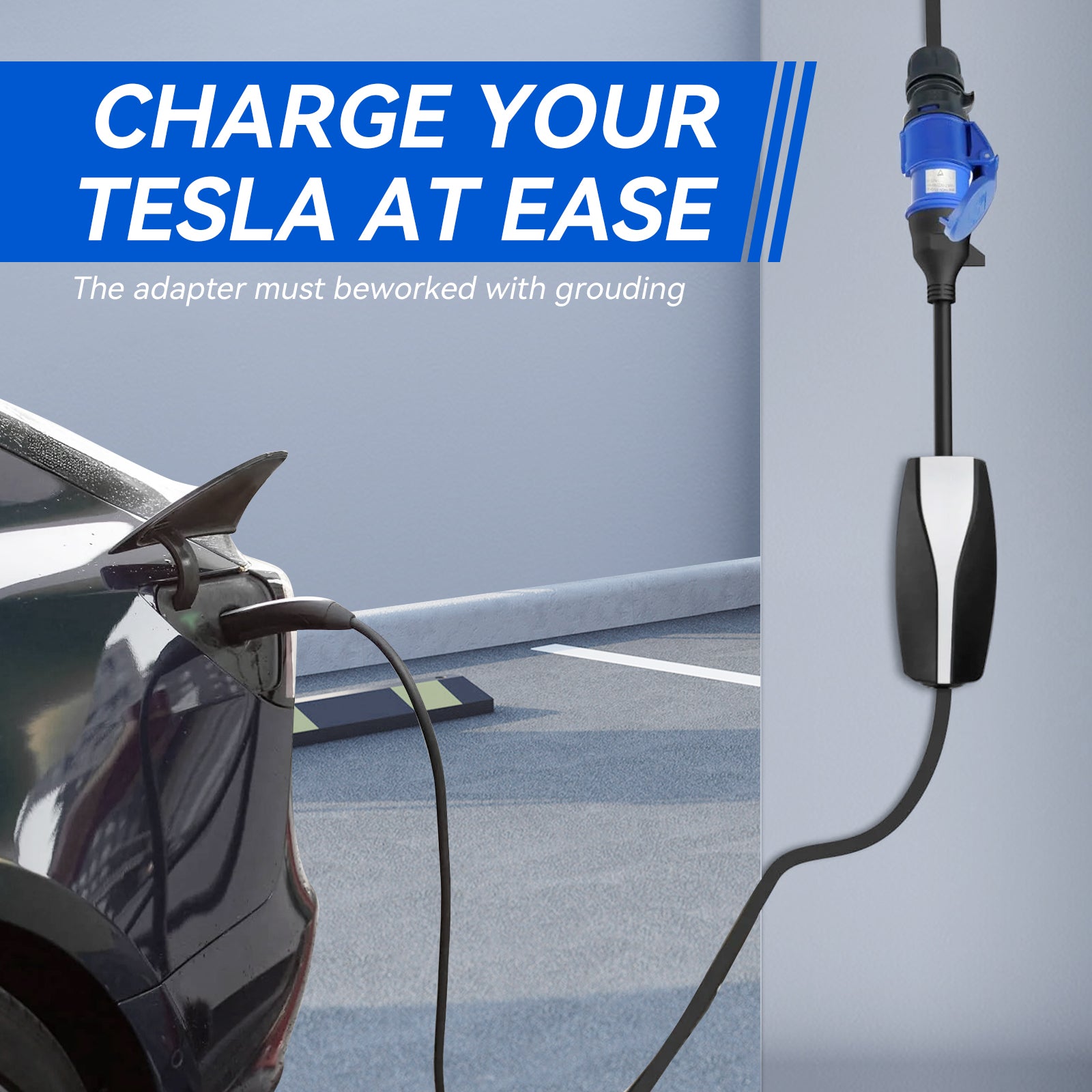 Adaptador CEE azul de 3 pines para cargador móvil Tesla Gen 2, cable de extensión de cargador EV portátil a toma de 240 V a 32 A, compatible con Tesla Model 3/S/X/Y