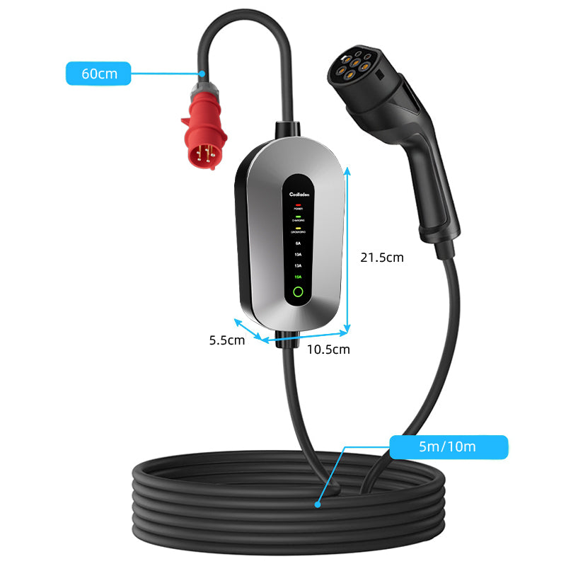 Coolladen Cable de carga tipo 2 con enchufe CEE de 11 kW [trifásico|5/10 m|6-16 A] con potencia de carga ajustable, estación de carga y cargador EV para ID.3/4/5, e-up, e-tron, Zoe y otros EV