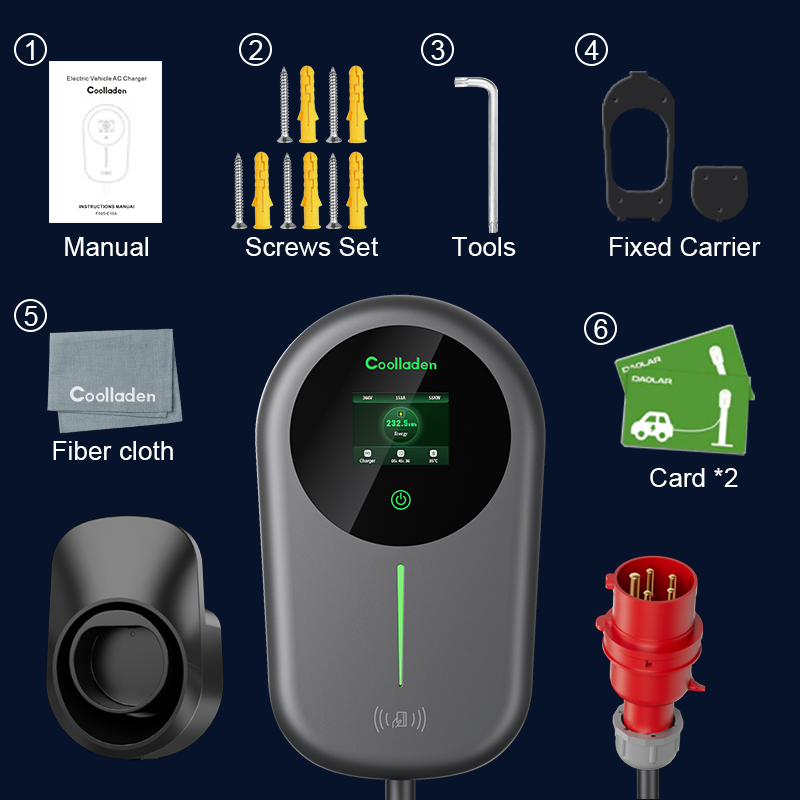 Coolladen Cable de carga de los 5/10m con el enchufe trifásico de la CEE del control del App del tenedor del cargador para todos EVs y PHEVs Cargador Smart APP de Coolladen EV con 32A el tipo 2 22kW se dirige la estación de carga, Wallbox