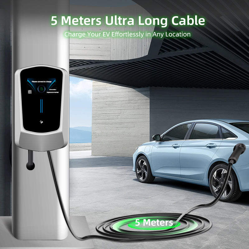 Coolladen Cargador EV Smart APP con estación de carga doméstica de 32 A Tipo 2 de 22 kW, 400 V, CE y TÜV, cable de carga de 5 m con soporte de cargador, control mediante aplicación, enchufe trifásico CEE para todos los vehículos eléctricos y híbridos ench