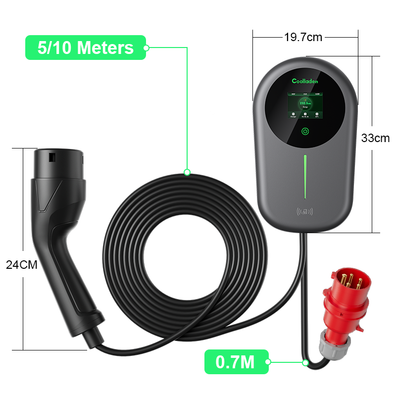 Coolladen Cable de carga de los 5/10m con el enchufe trifásico de CEE del control del App del tenedor del cargador para todos los EVs y PHEVs Cargador Smart APP de Cool Laden EV con 32A tipo 2 11kW estación de carga casera, Wallbox