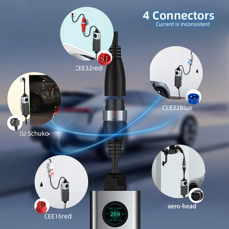 Coolladen Wallbox móvil WiFi con aplicación, carga hasta 22 kW, cargador EV tipo 2, cable de 5 m, pantalla táctil, tamaño de corriente ajustable con toma Schuko 16 A/CEE 32 A roja/CEE 16 A roja/CEE 32 A azul/Tipo 2