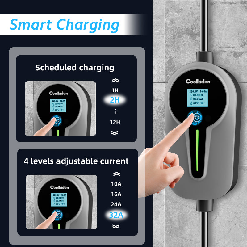 Colladen Cargador EV portátil de 7 KW Cargador monofásico para vehículo eléctrico 32 A tipo 2, carga programada de 8 horas, estación de carga de corriente ajustable de 4 niveles con enchufe CEE