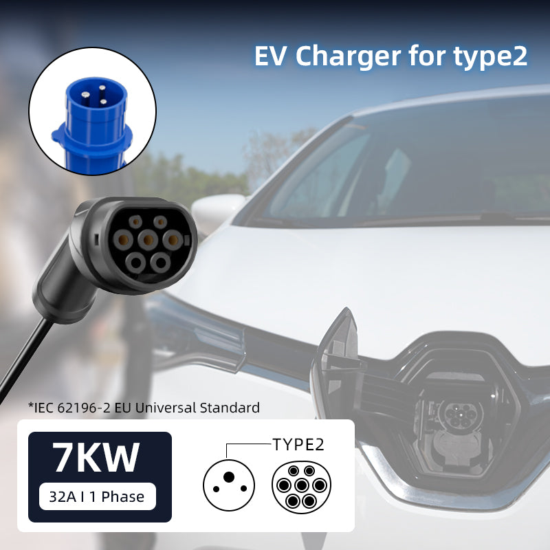 Colladen Cargador EV portátil de 7 KW Cargador monofásico para vehículo eléctrico 32 A tipo 2, carga programada de 8 horas, estación de carga de corriente ajustable de 4 niveles con enchufe CEE