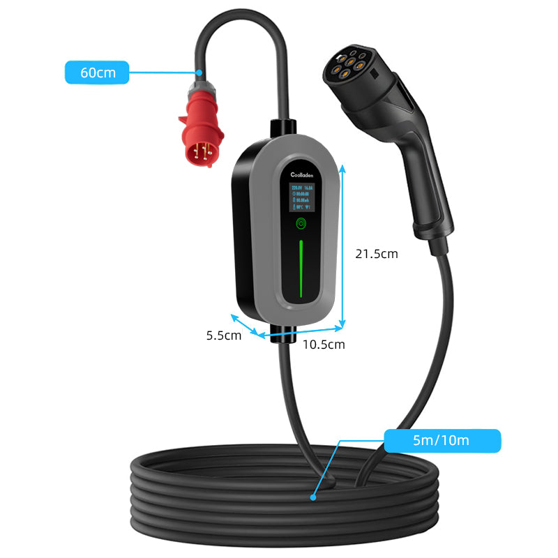 Colladen Cargador EV portátil de 11 KW Cargador de vehículo eléctrico trifásico 16 A tipo 2, carga programada de 8 horas, estación de carga de corriente ajustable con enchufe CEE