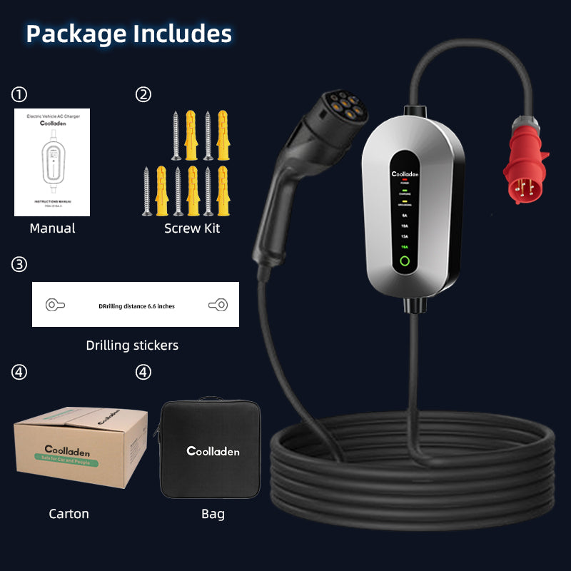 Coolladen Cable de carga refrigerado tipo 2 CEE enchufe 11 KW [3-phase | 3/5m | 6-16A] con potencia de carga ajustable, estación de carga y cargador EV para ID.3/4/5, E-Up, E-Tron, Zoe y otros EV